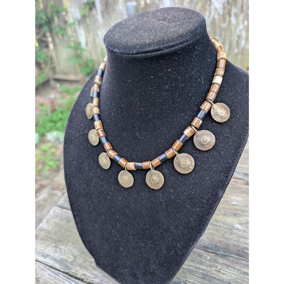 Vintage Brass Tribal Necklace: Beaded Ethnic Necklace - Picture 2 of 11